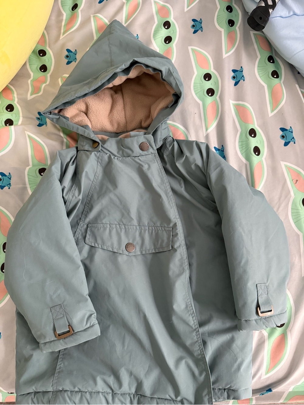 Mini A Ture Hooded Puffer Coat in Sage Green with Beige Lining